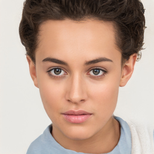 Neutral white young-adult female with short  brown hair and brown eyes