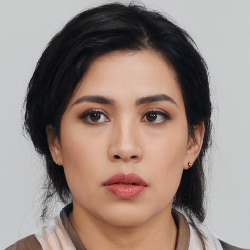 Neutral asian young-adult female with medium  black hair and brown eyes