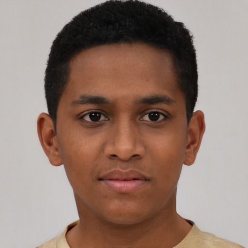 Neutral black young-adult male with short  black hair and brown eyes