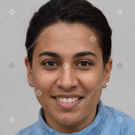 Joyful white young-adult female with short  brown hair and brown eyes