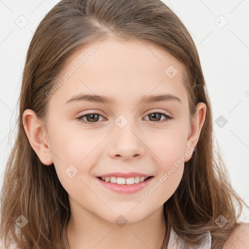 Joyful white child female with long  brown hair and brown eyes