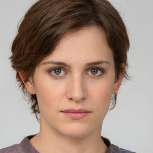 Neutral white young-adult female with medium  brown hair and grey eyes