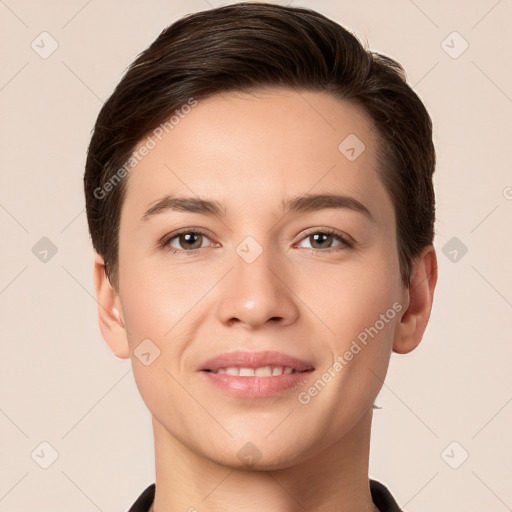 Joyful white young-adult female with short  brown hair and brown eyes