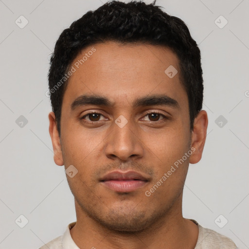 Neutral latino young-adult male with short  black hair and brown eyes