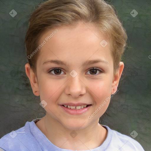 Joyful white child female with short  brown hair and brown eyes