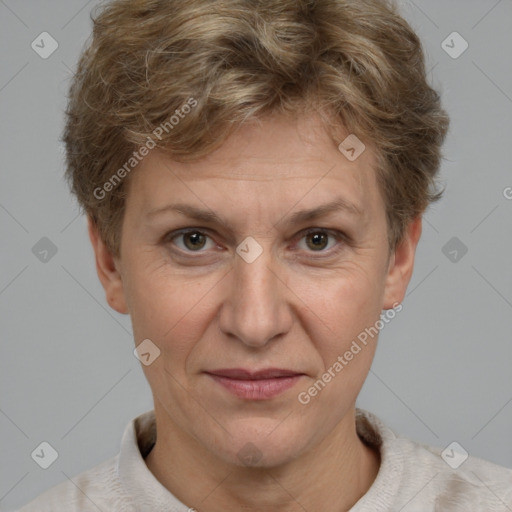 Joyful white adult female with short  brown hair and brown eyes