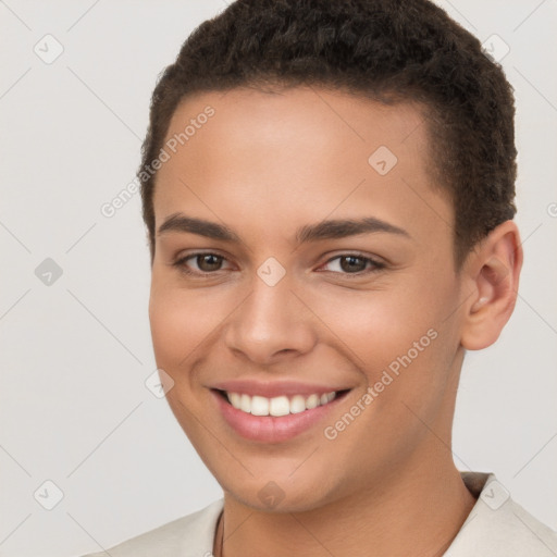 Joyful white young-adult female with short  brown hair and brown eyes