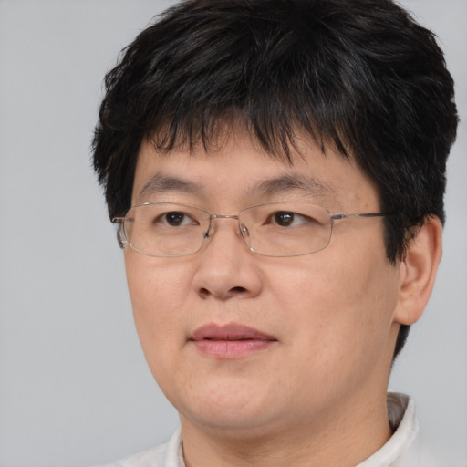 Joyful asian adult male with short  brown hair and brown eyes