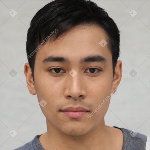 Neutral asian young-adult male with short  black hair and brown eyes