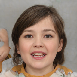 Joyful white child female with medium  brown hair and brown eyes