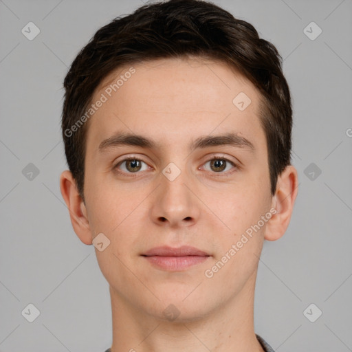 Neutral white young-adult male with short  brown hair and brown eyes