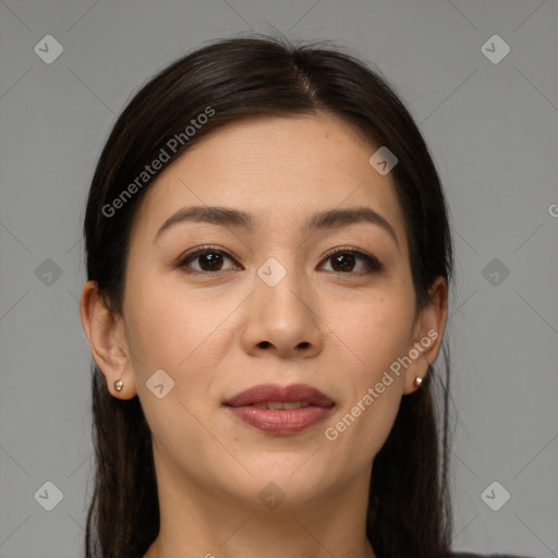 Joyful white young-adult female with long  brown hair and brown eyes