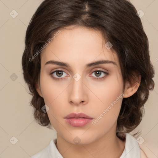 Neutral white young-adult female with medium  brown hair and brown eyes