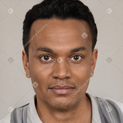 Neutral latino young-adult male with short  black hair and brown eyes