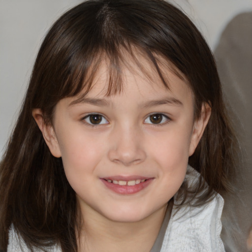 Joyful white child female with medium  brown hair and brown eyes