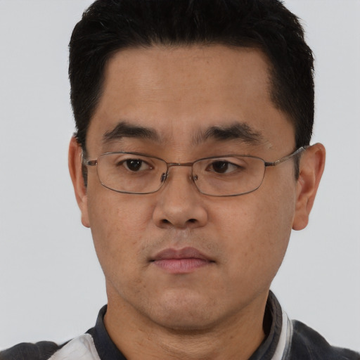 Neutral asian young-adult male with short  brown hair and brown eyes