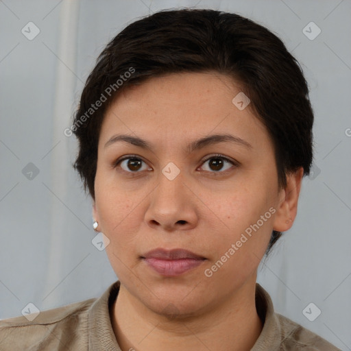 Neutral white young-adult female with short  brown hair and brown eyes