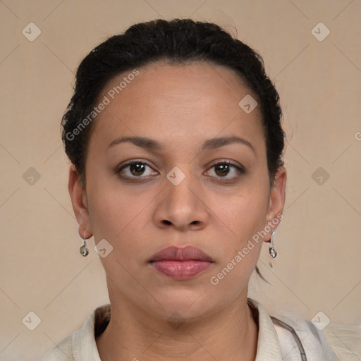 Neutral latino young-adult female with short  brown hair and brown eyes