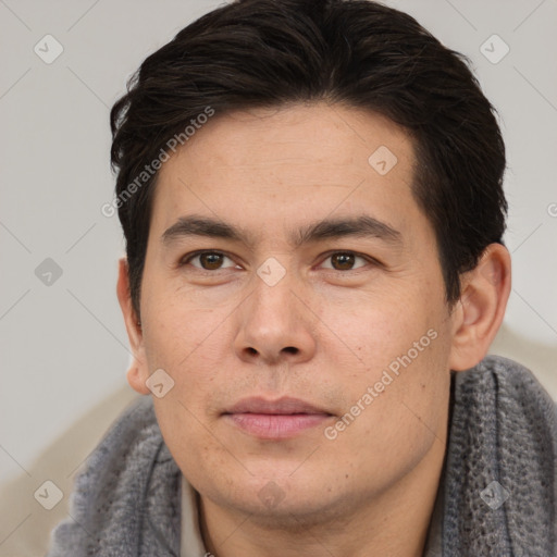 Neutral asian young-adult male with short  brown hair and brown eyes