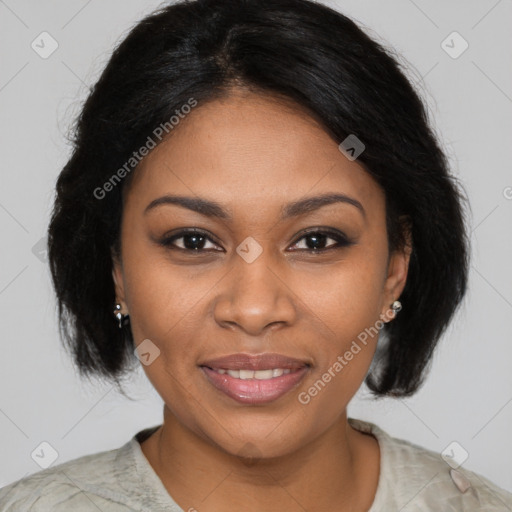 Joyful black young-adult female with medium  brown hair and brown eyes