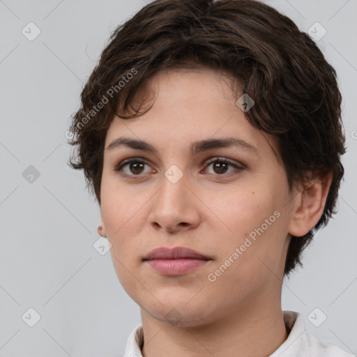 Neutral white young-adult female with medium  brown hair and brown eyes