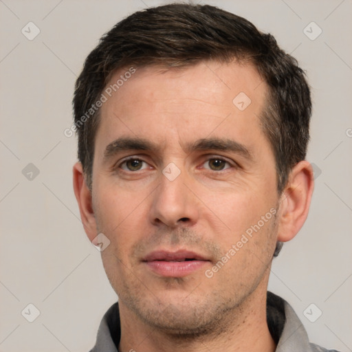 Neutral white adult male with short  black hair and brown eyes