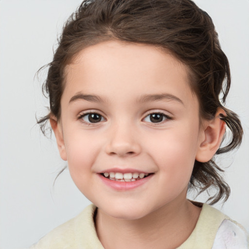 Joyful white child female with medium  brown hair and brown eyes