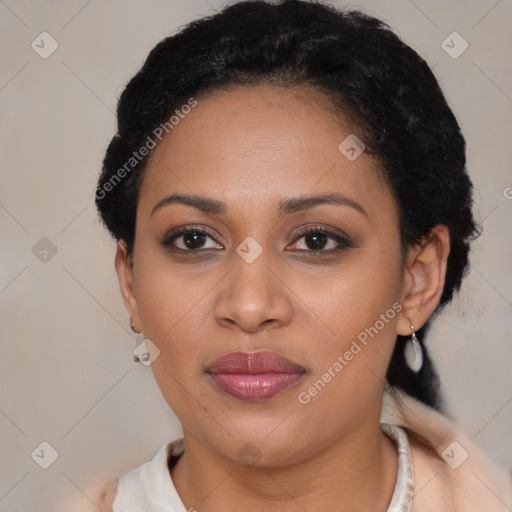 Joyful latino young-adult female with short  black hair and brown eyes