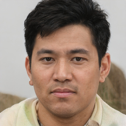 Neutral asian adult male with short  brown hair and brown eyes