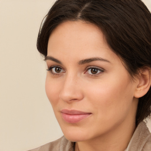 Neutral white young-adult female with medium  brown hair and brown eyes