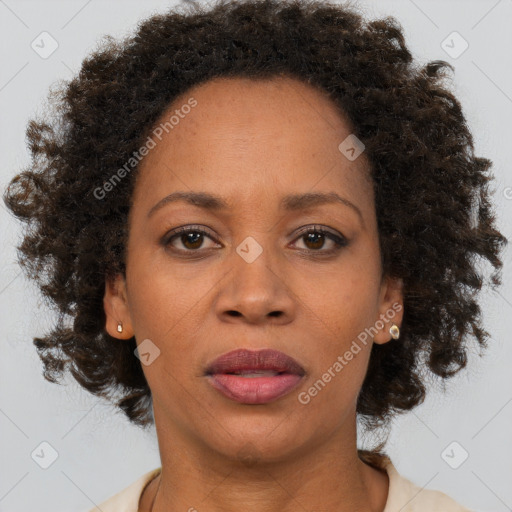 Joyful black adult female with medium  brown hair and brown eyes