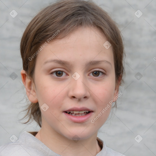 Joyful white child female with medium  brown hair and brown eyes