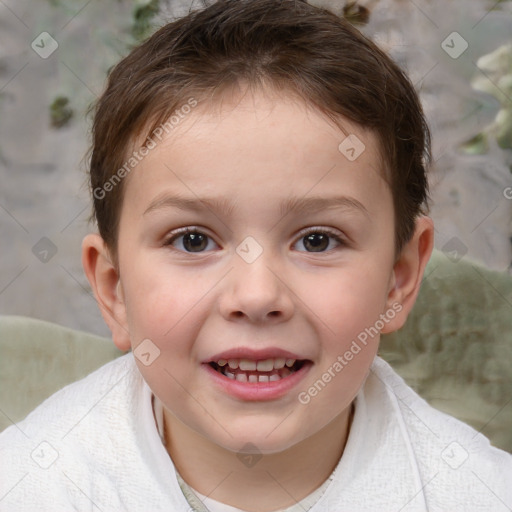 Joyful white child female with short  brown hair and brown eyes