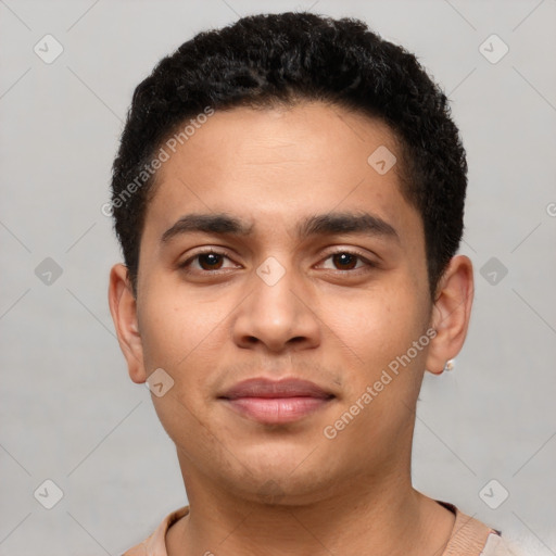 Neutral latino young-adult male with short  brown hair and brown eyes