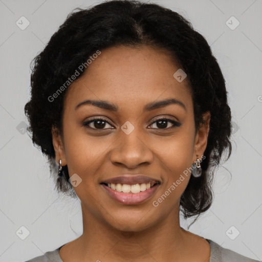 Joyful latino young-adult female with long  black hair and brown eyes