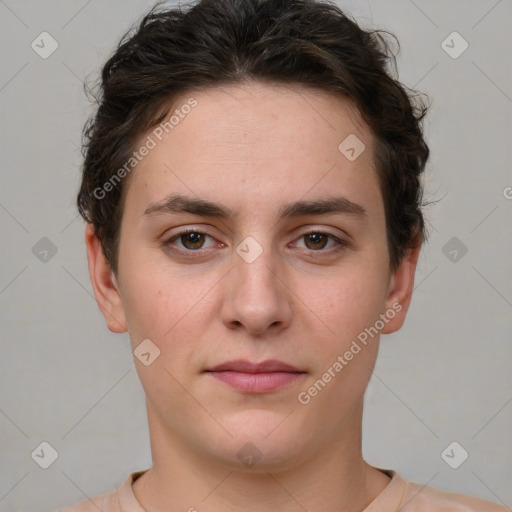 Neutral white young-adult female with short  brown hair and brown eyes