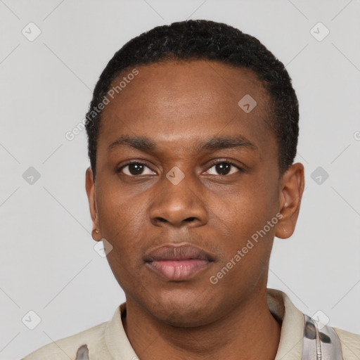 Neutral black young-adult male with short  black hair and brown eyes