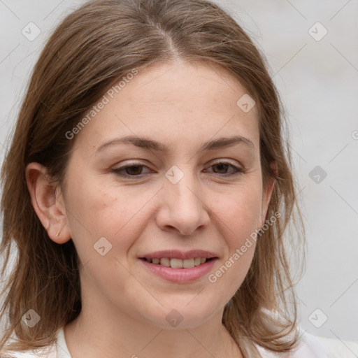 Joyful white young-adult female with medium  brown hair and grey eyes