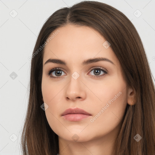 Neutral white young-adult female with long  brown hair and brown eyes