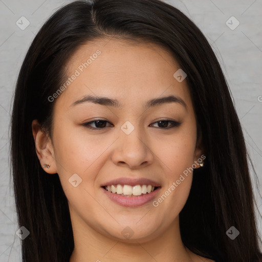 Joyful asian young-adult female with long  brown hair and brown eyes