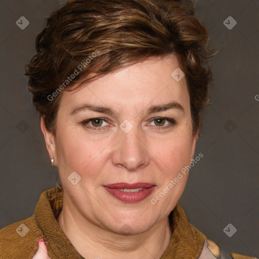 Joyful white adult female with medium  brown hair and blue eyes