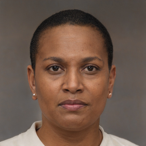 Joyful black adult female with short  brown hair and brown eyes