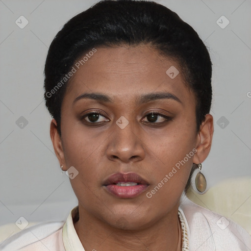 Neutral latino young-adult female with short  brown hair and brown eyes