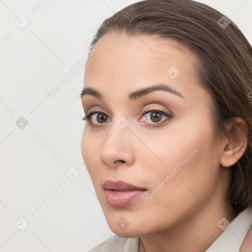 Neutral white young-adult female with medium  brown hair and brown eyes