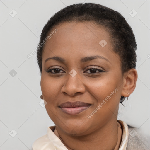 Joyful black young-adult female with short  brown hair and brown eyes