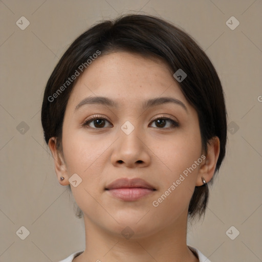 Neutral asian young-adult female with medium  brown hair and brown eyes