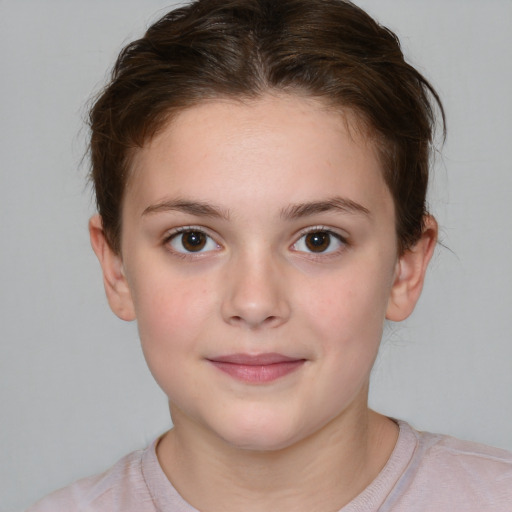 Joyful white child female with medium  brown hair and brown eyes