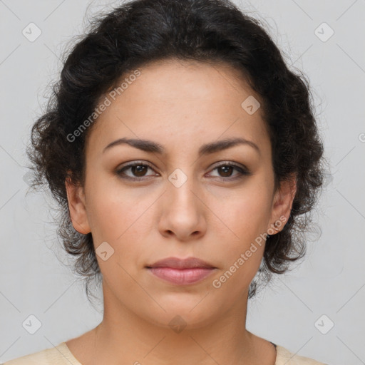 Neutral latino young-adult female with medium  brown hair and brown eyes