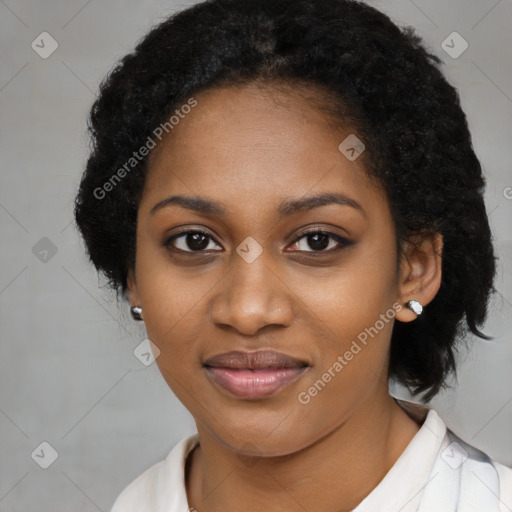 Joyful black young-adult female with medium  black hair and brown eyes