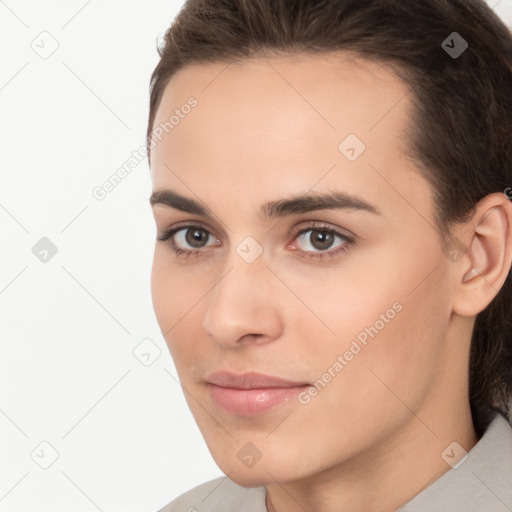 Neutral white young-adult female with medium  brown hair and brown eyes